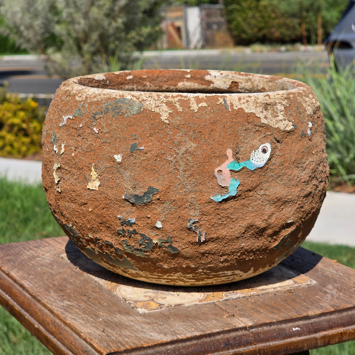 Vtg Mexico Terracotta Planter Chippy Paint Clay Pot Rustic Round Bowl Wabi Sabi