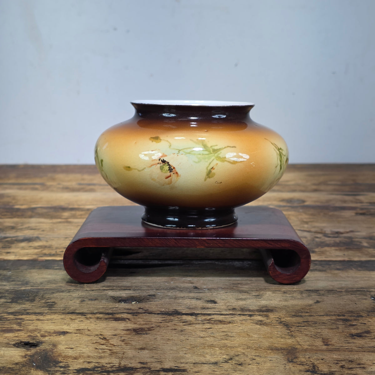 Antique Warwick China IOGA Vase Bowl Floral Brown Art Nouveau Pottery 1900s 6”
