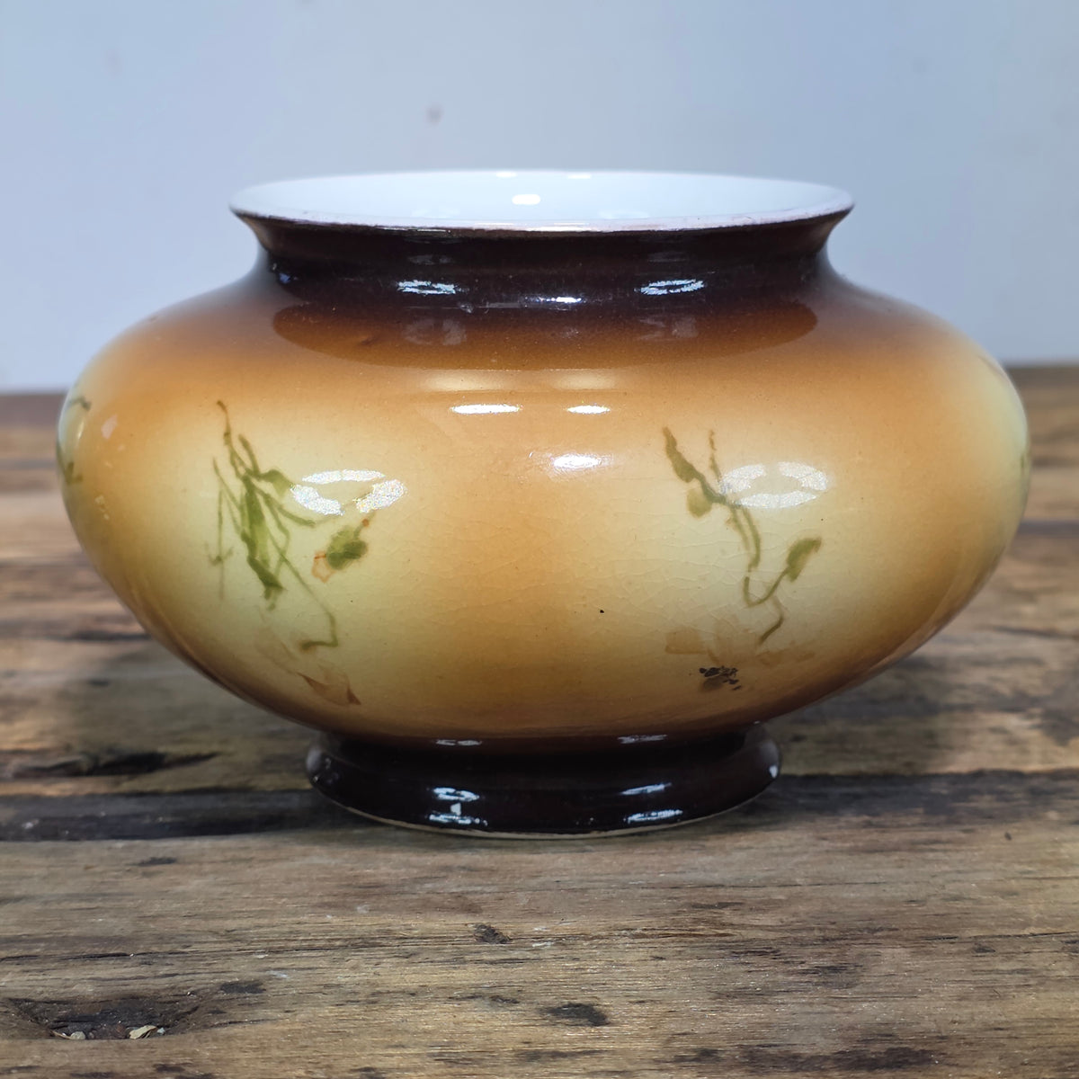 Antique Warwick China IOGA Vase Bowl Floral Brown Art Nouveau Pottery 1900s 6”