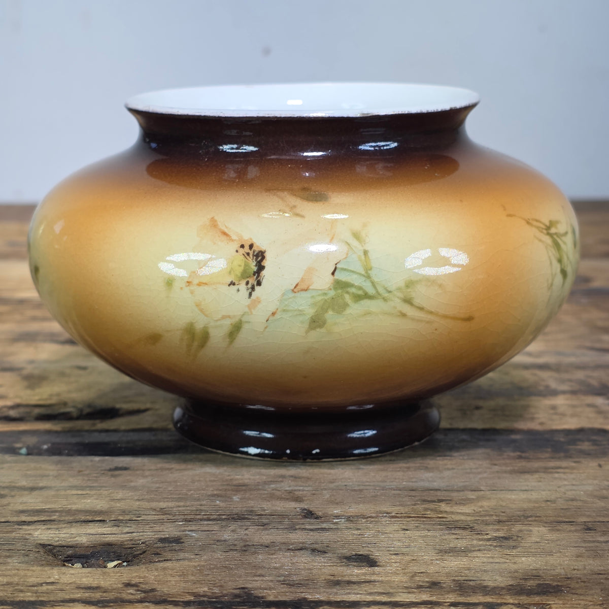 Antique Warwick China IOGA Vase Bowl Floral Brown Art Nouveau Pottery 1900s 6”