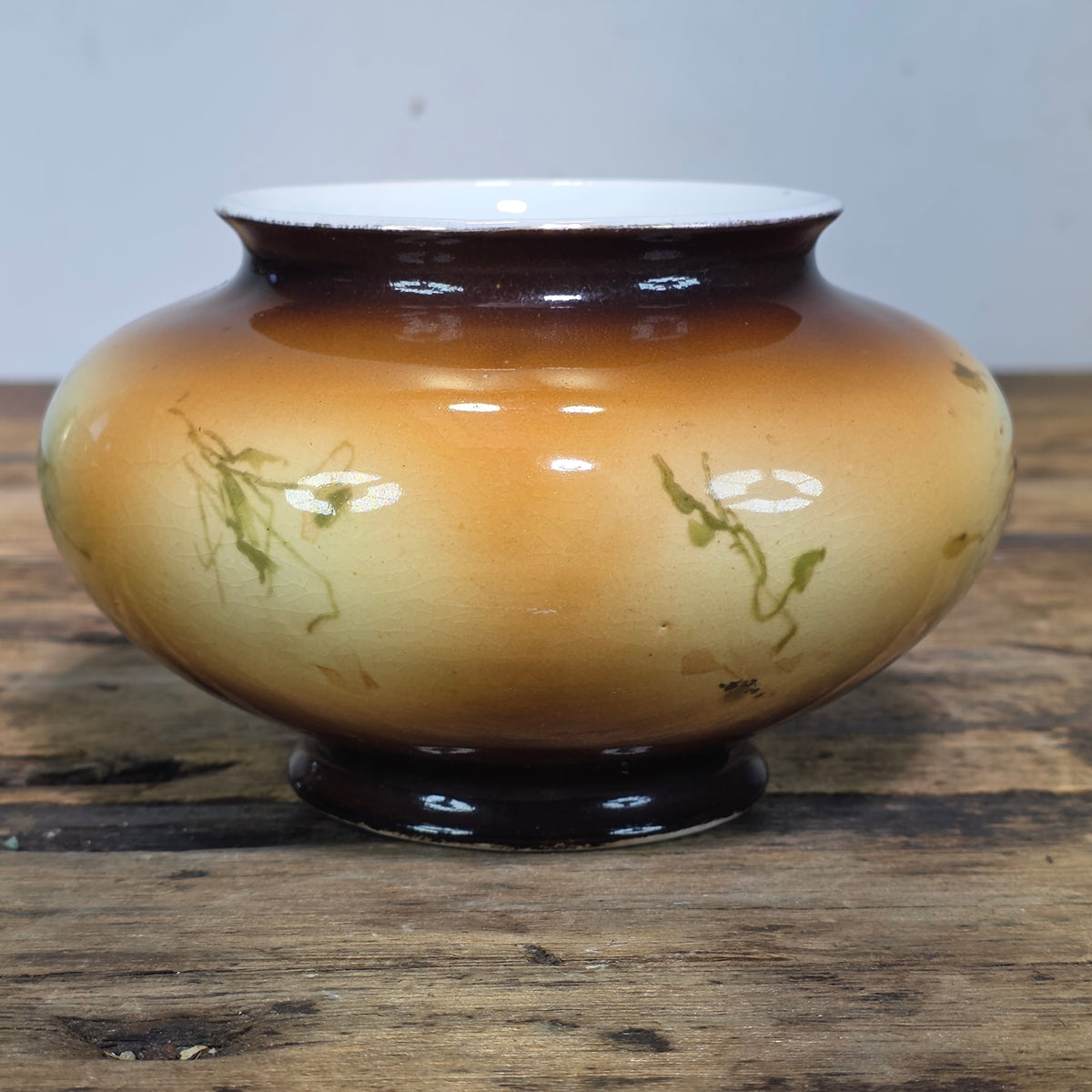 Antique Warwick China IOGA Vase Bowl Floral Brown Art Nouveau Pottery 1900s 6”