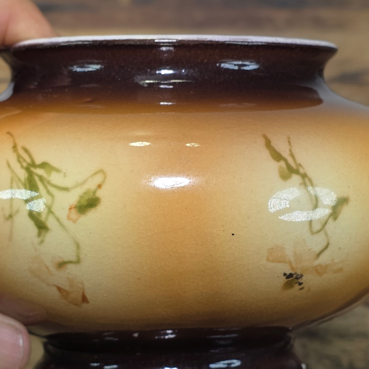 Antique Warwick China IOGA Vase Bowl Floral Brown Art Nouveau Pottery 1900s 6”