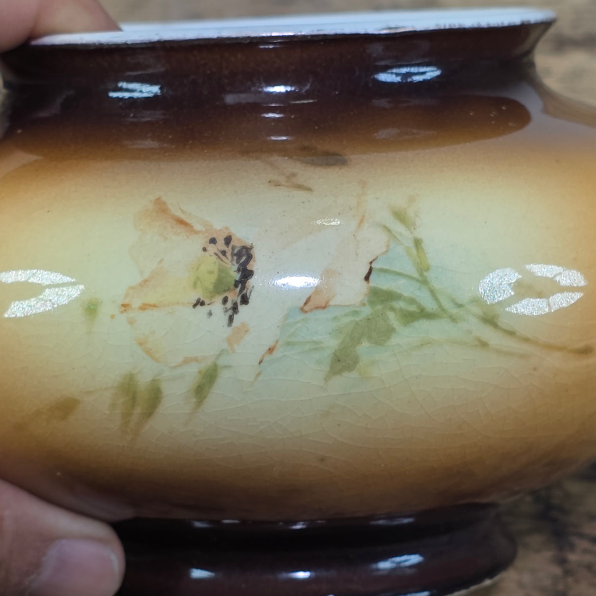 Antique Warwick China IOGA Vase Bowl Floral Brown Art Nouveau Pottery 1900s 6”
