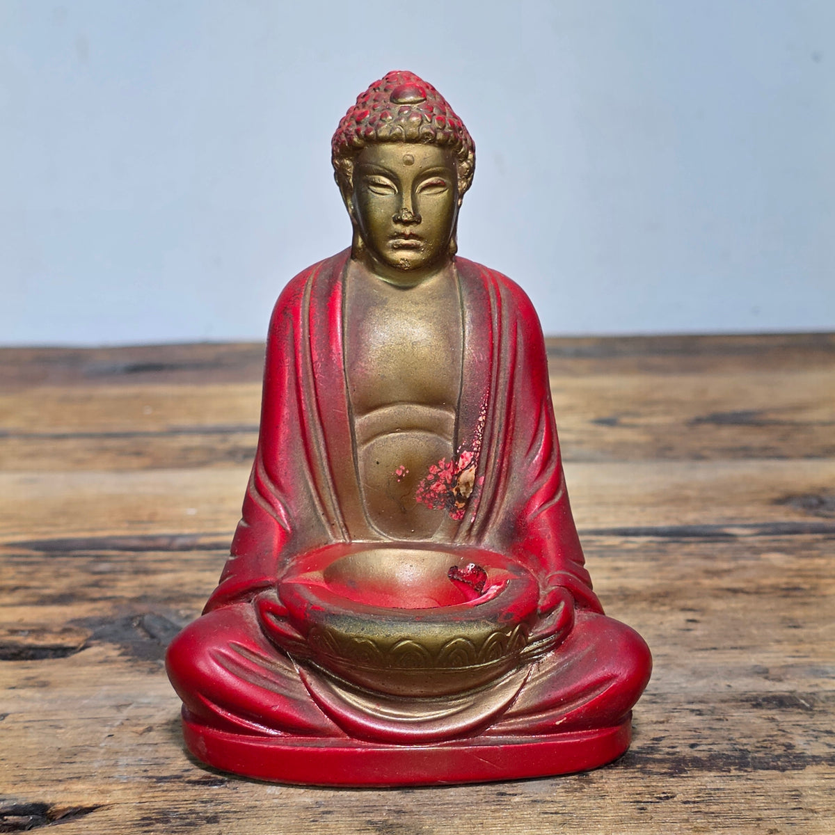 Vintage 1939 Chalkware Buddha Incense Burner Seated Red Gold Figurine Bowl USA