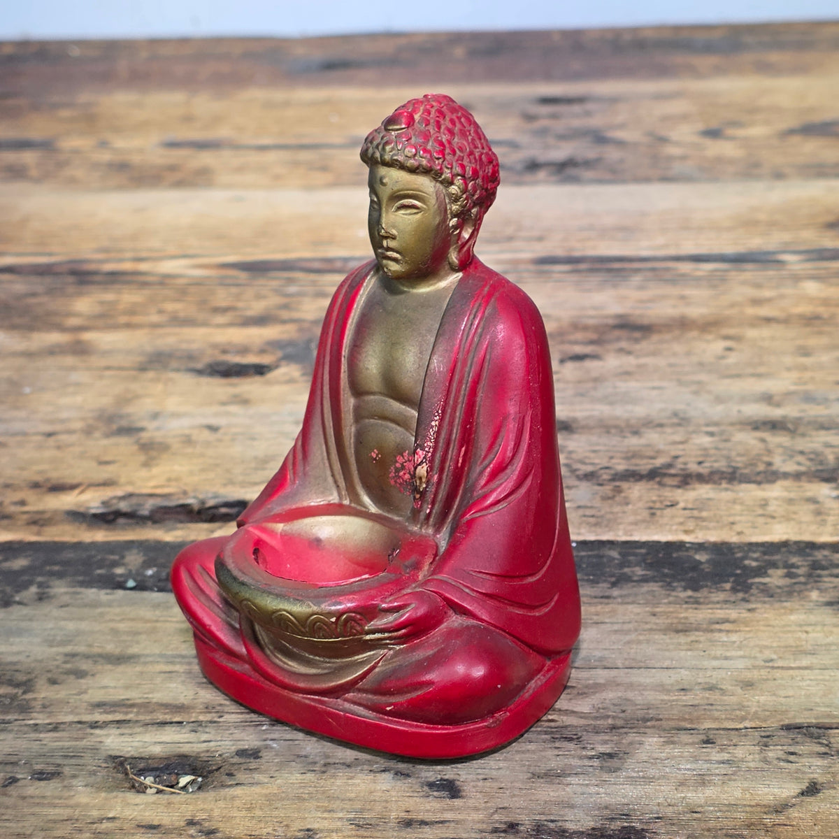 Vintage 1939 Chalkware Buddha Incense Burner Seated Red Gold Figurine Bowl USA