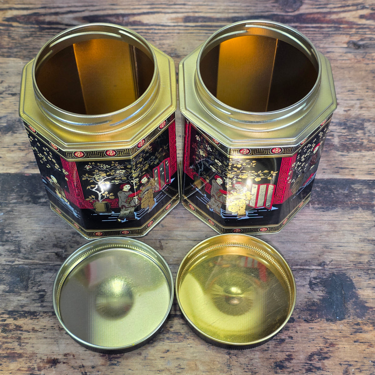 Vtg MTM Elite Chinoiserie Tea Tin Octagon Canister Made in England Black Pair