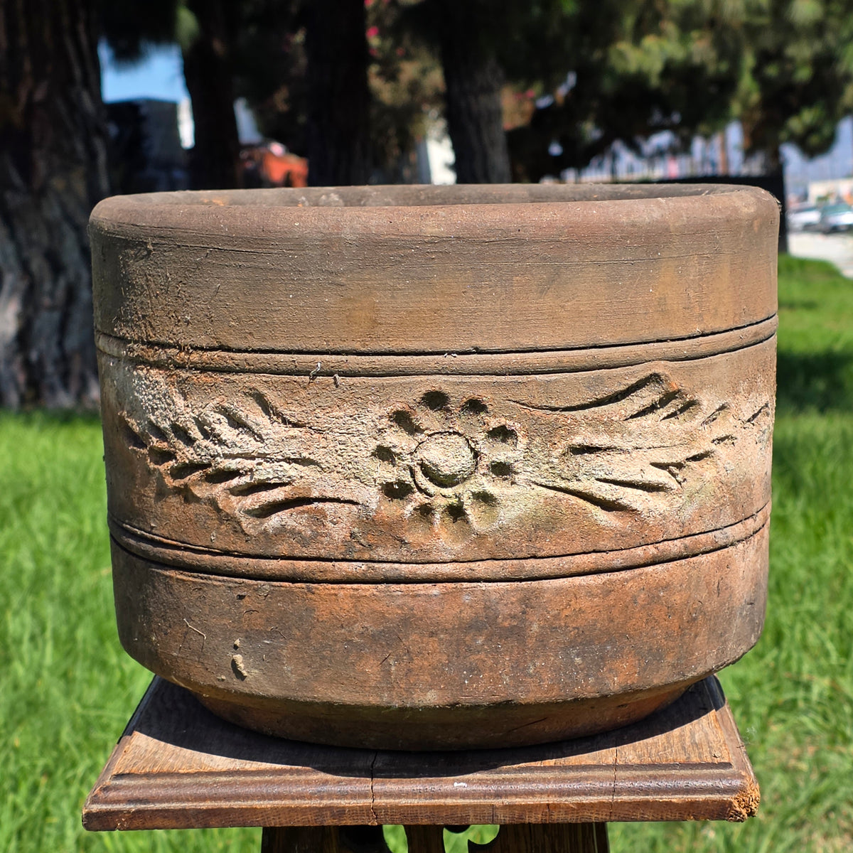 Vtg Terracotta Cylinder Planter Floral Garland Swag Rustic Clay Garden Pot 12"