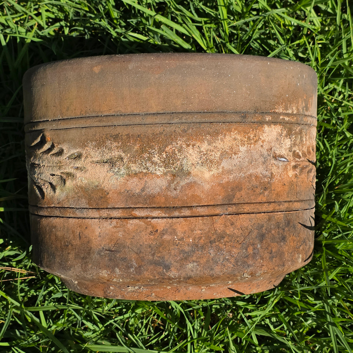 Vtg Terracotta Cylinder Planter Floral Garland Swag Rustic Clay Garden Pot 12"