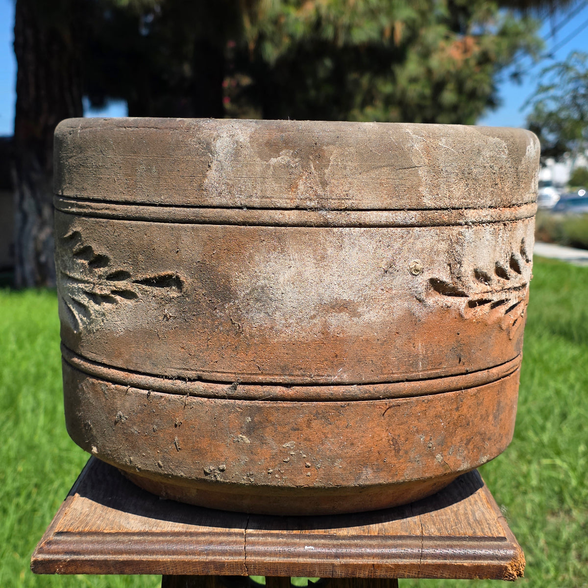 Vtg Terracotta Cylinder Planter Floral Garland Swag Rustic Clay Garden Pot 12"