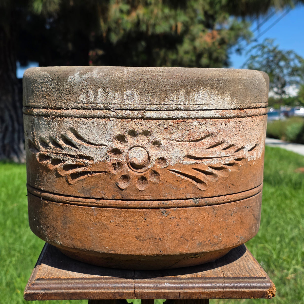 Vtg Terracotta Cylinder Planter Floral Garland Swag Rustic Clay Garden Pot 12"