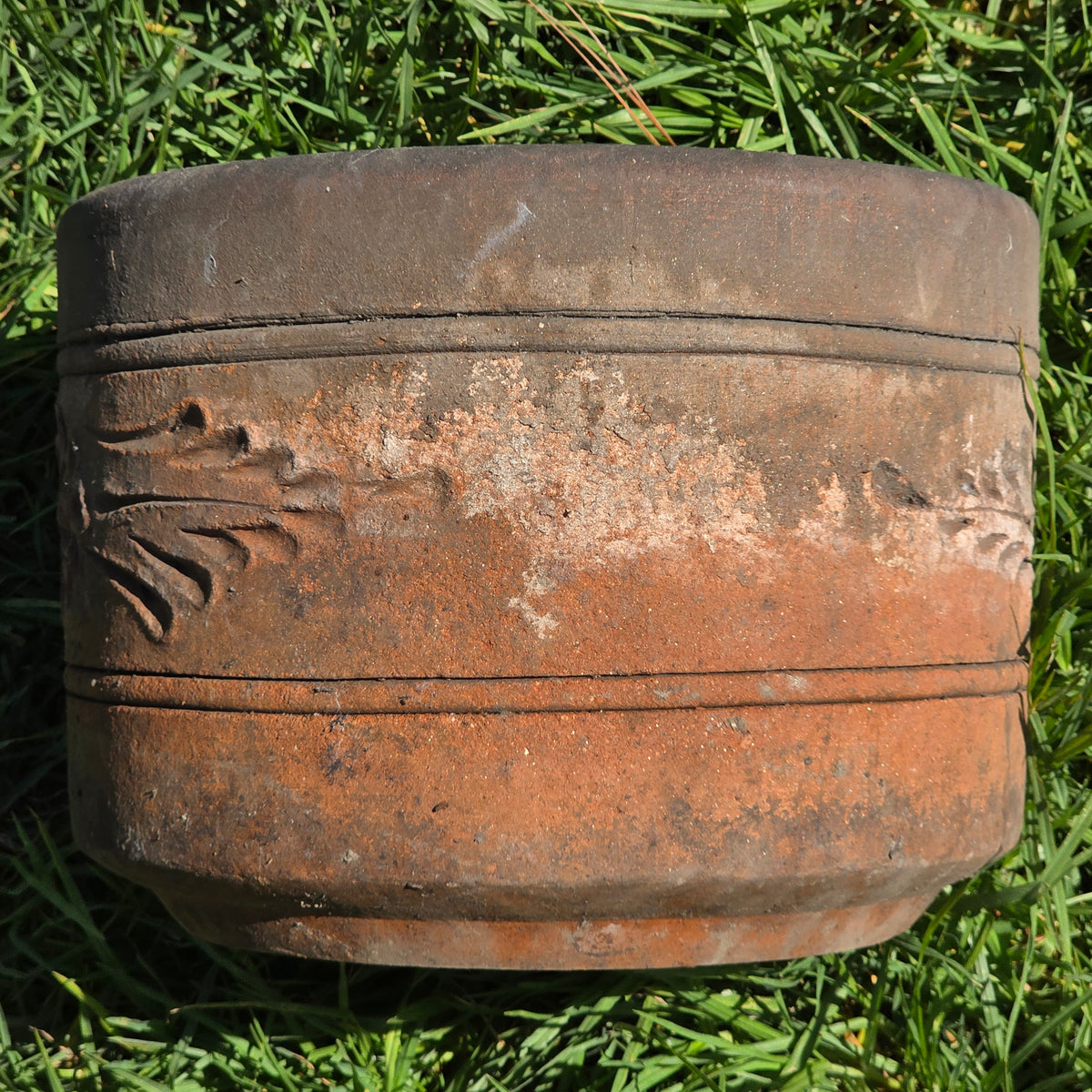 Vtg Terracotta Cylinder Planter Floral Garland Swag Rustic Clay Garden Pot 12"