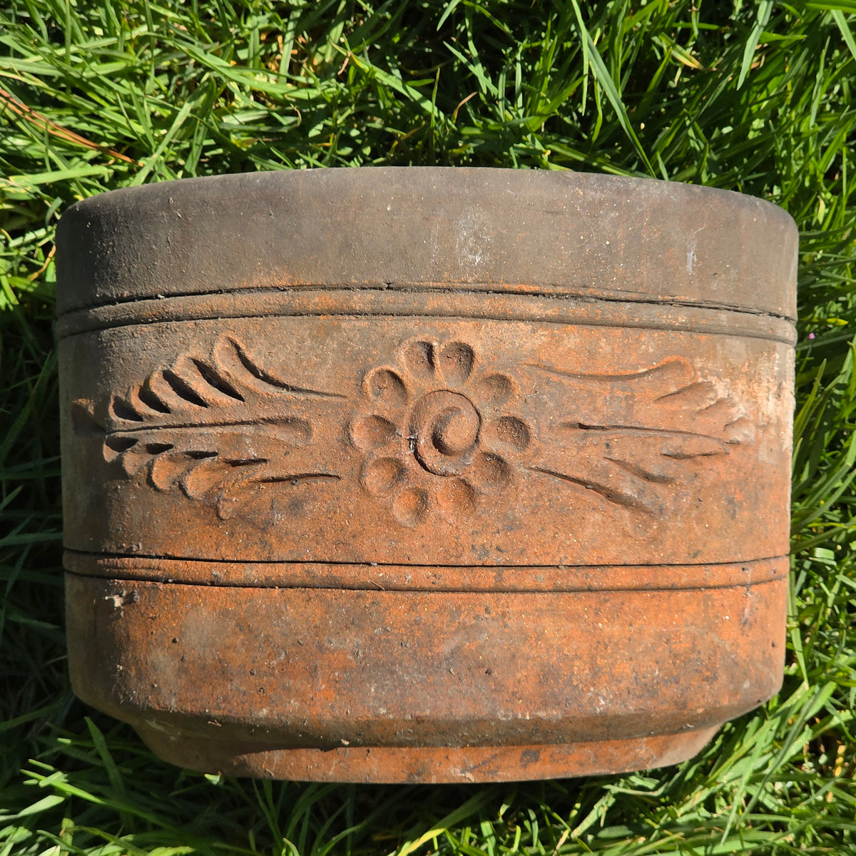 Vtg Terracotta Cylinder Planter Floral Garland Swag Rustic Clay Garden Pot 12"