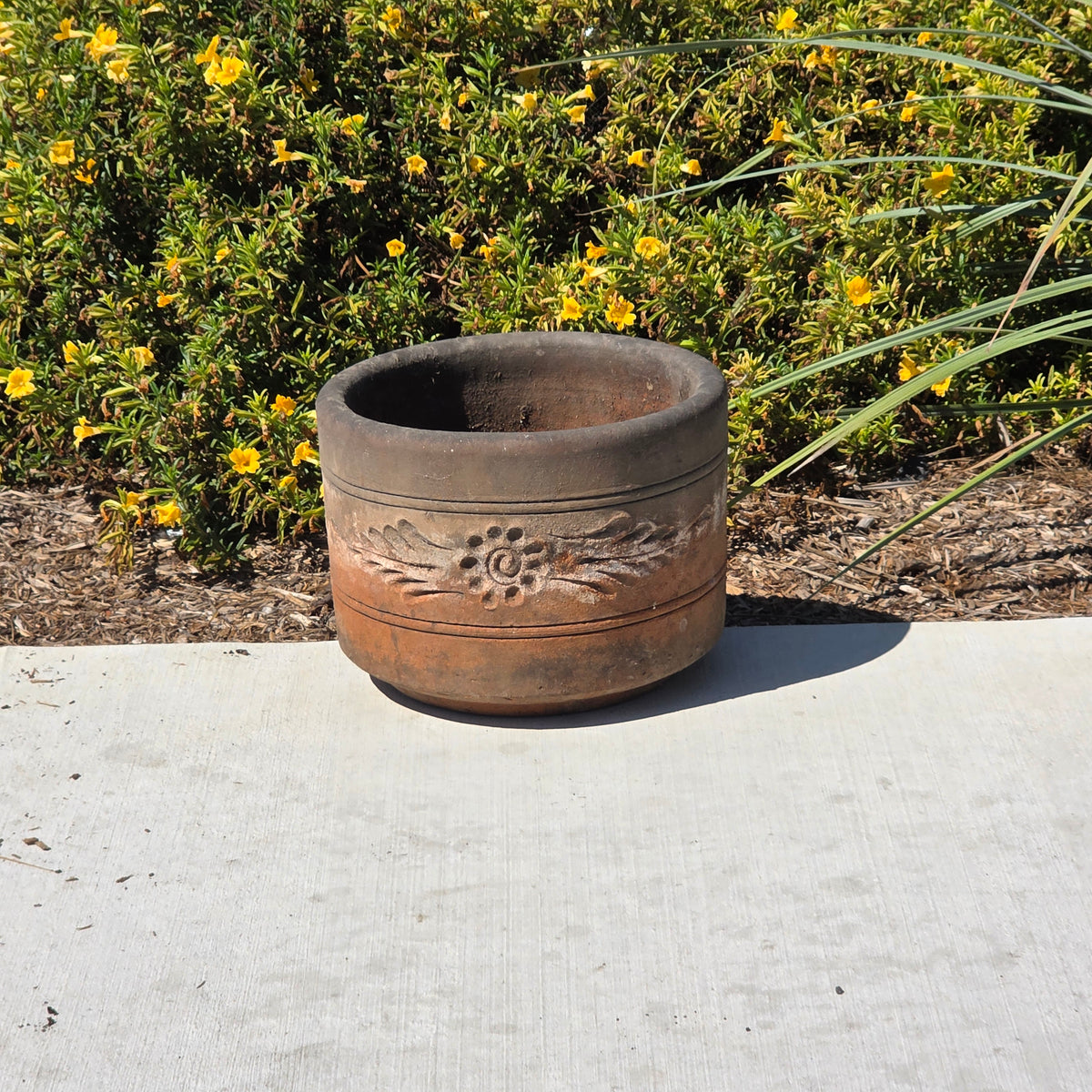 Vtg Terracotta Cylinder Planter Floral Garland Swag Rustic Clay Garden Pot 12"