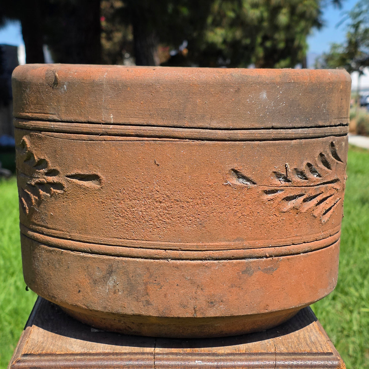 Vtg Terracotta Cylinder Planter Floral Garland Swag Rustic Clay Garden Pot 12"