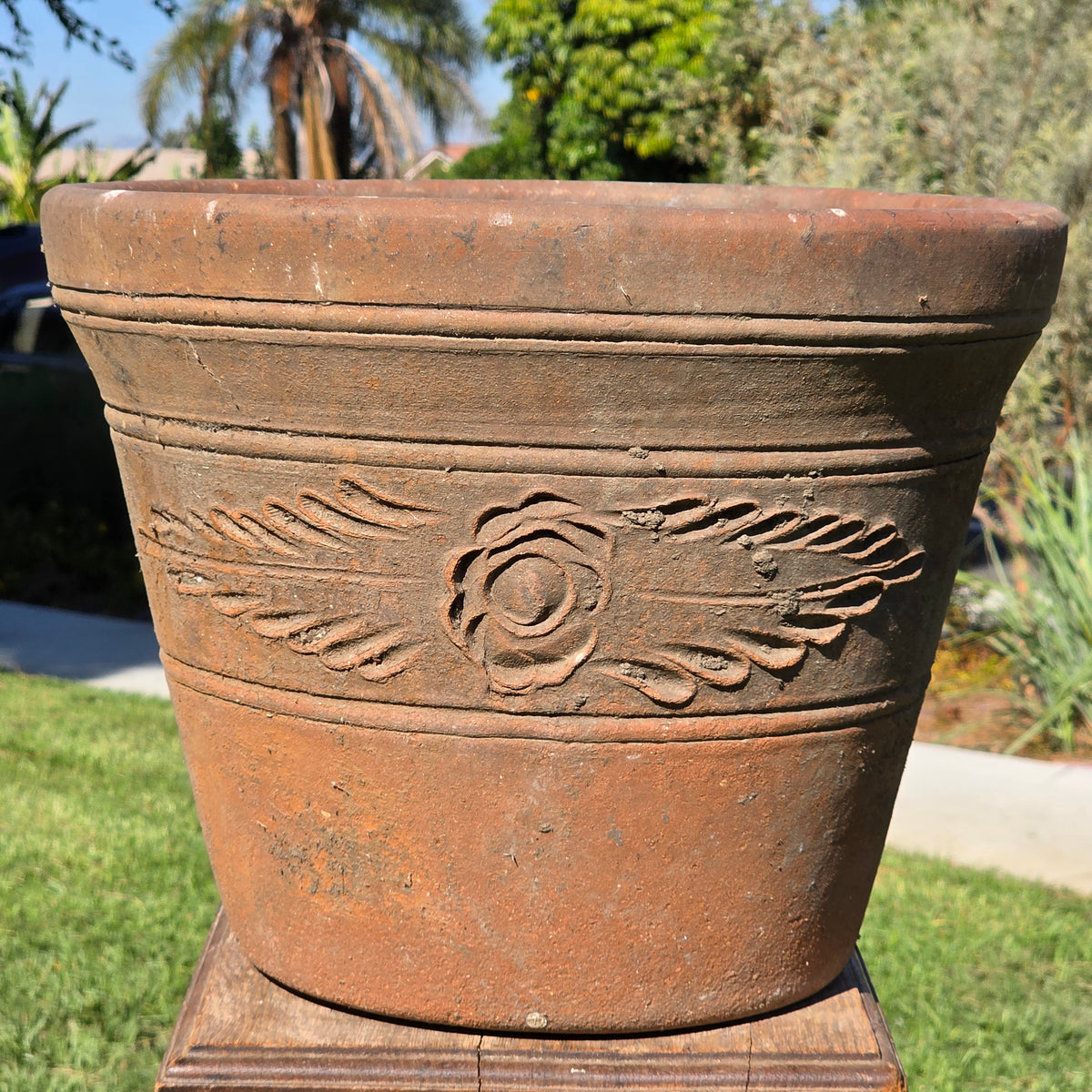 Vintage Mexican Terracotta Planter Large 15" Clay Flower Pot Traditional Relief