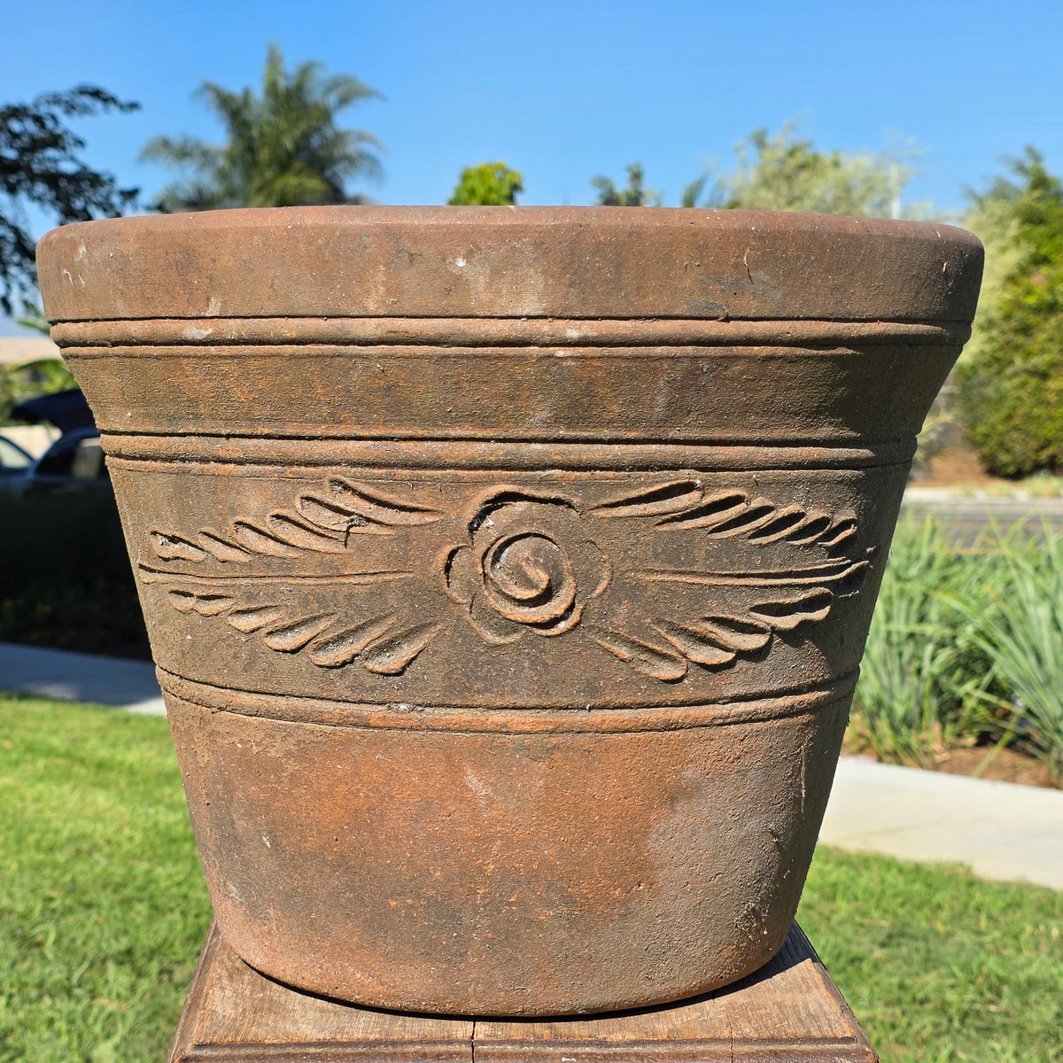 Vintage Mexican Terracotta Planter Large 15" Clay Flower Pot Traditional Relief