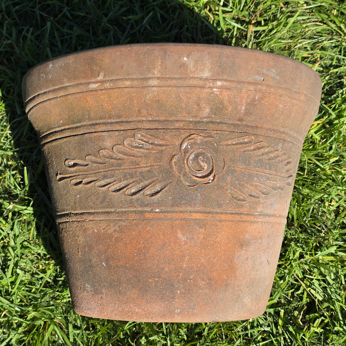 Vintage Mexican Terracotta Planter Large 15" Clay Flower Pot Traditional Relief