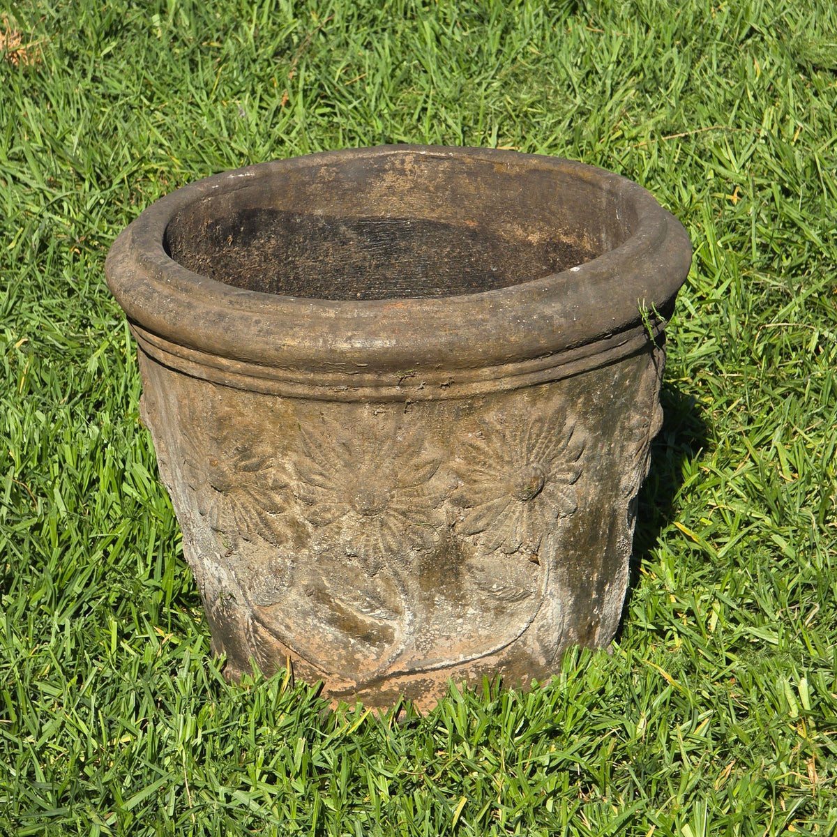 Vtg Mexican Terracotta Planter Large 15" Clay Flower Pot Sunflower Relief Heavy