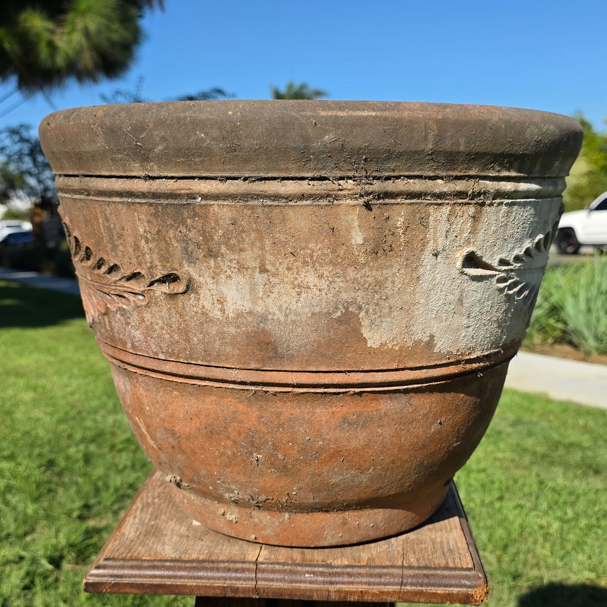 Vtg Mexican Terracotta Planter 16" Large Clay Flower Pot Relief Patina Folk Art