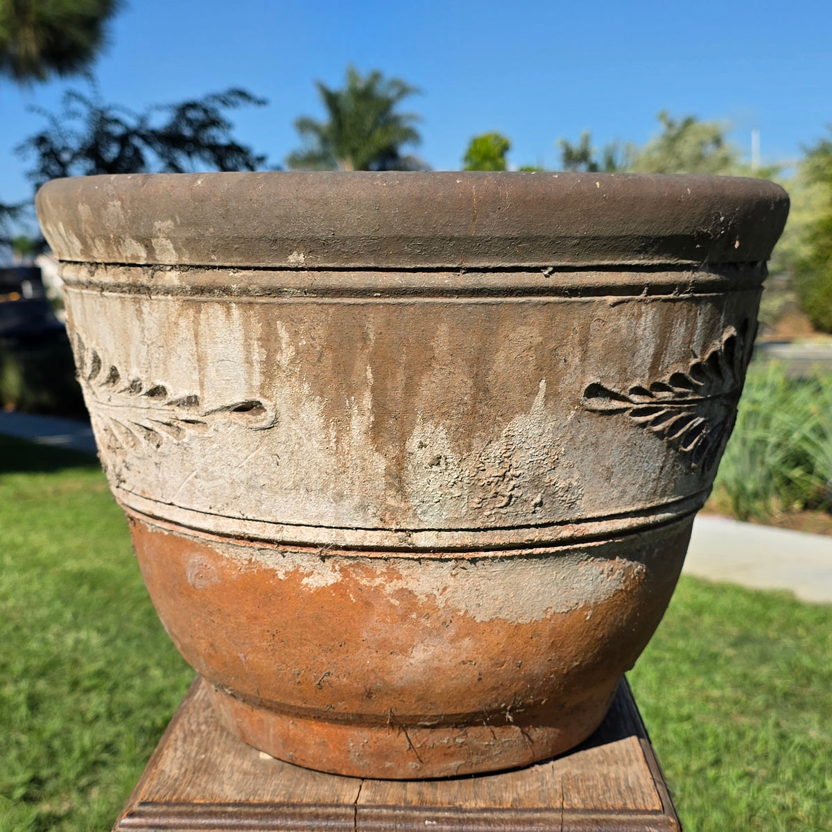 Vtg Mexican Terracotta Planter 16" Large Clay Flower Pot Relief Patina Folk Art