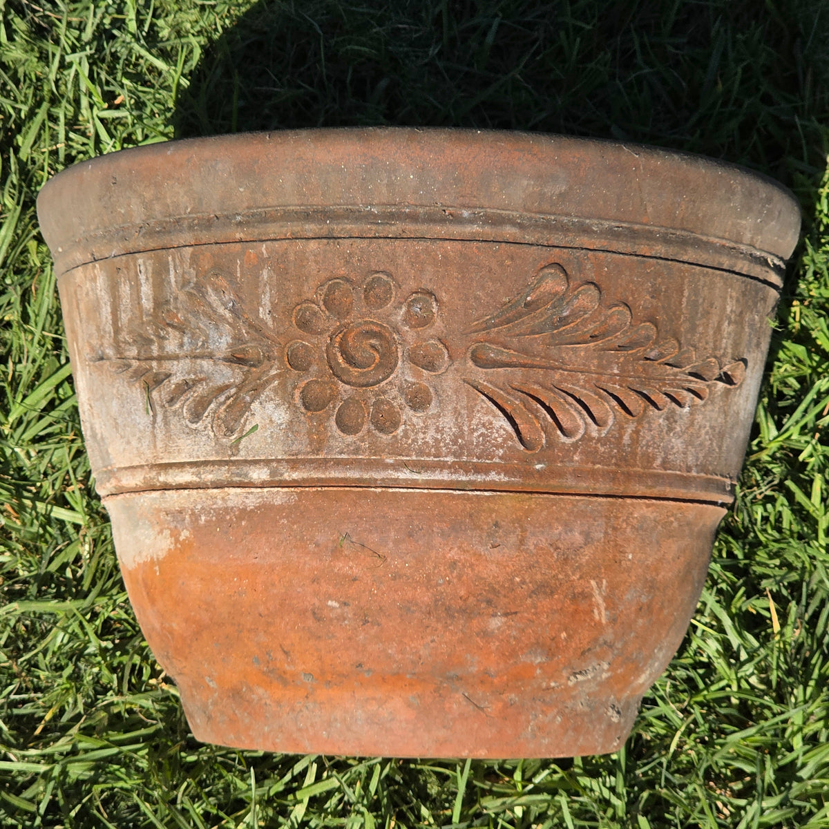 Vtg Mexican Terracotta Planter 16" Large Clay Flower Pot Relief Patina Folk Art