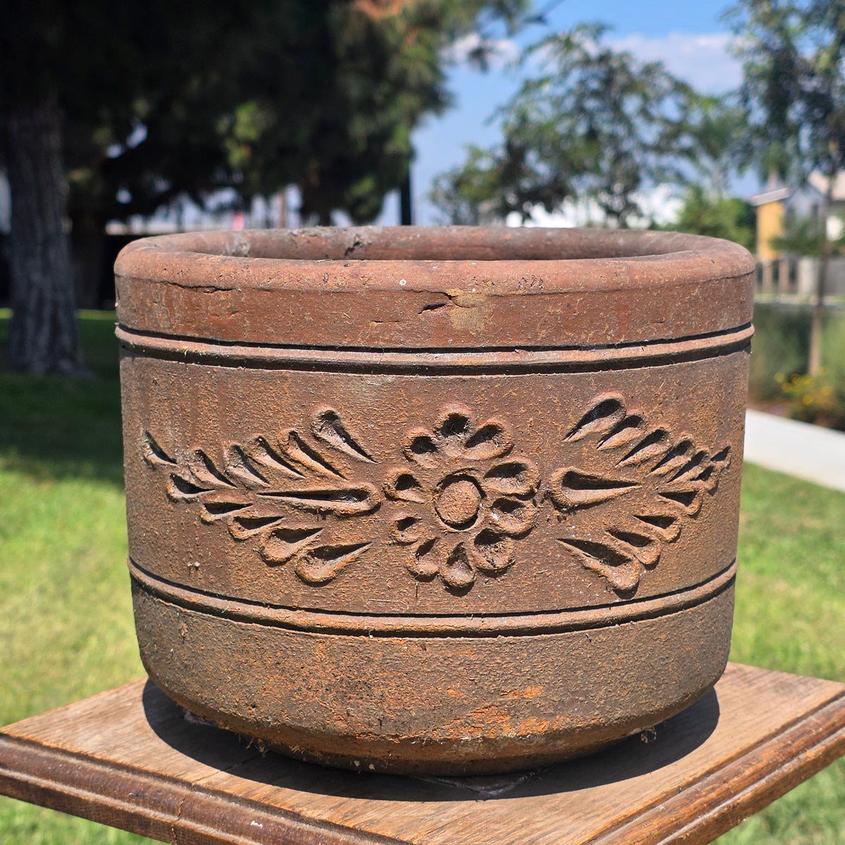 Vintage Terracotta Planter 10" Floral Relief Aged Clay Flower Pot Heavy Duty