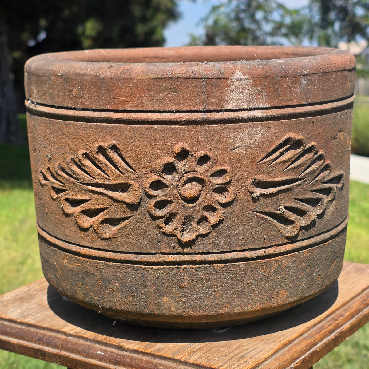 Vintage Terracotta Planter 10" Floral Relief Aged Clay Flower Pot Heavy Duty