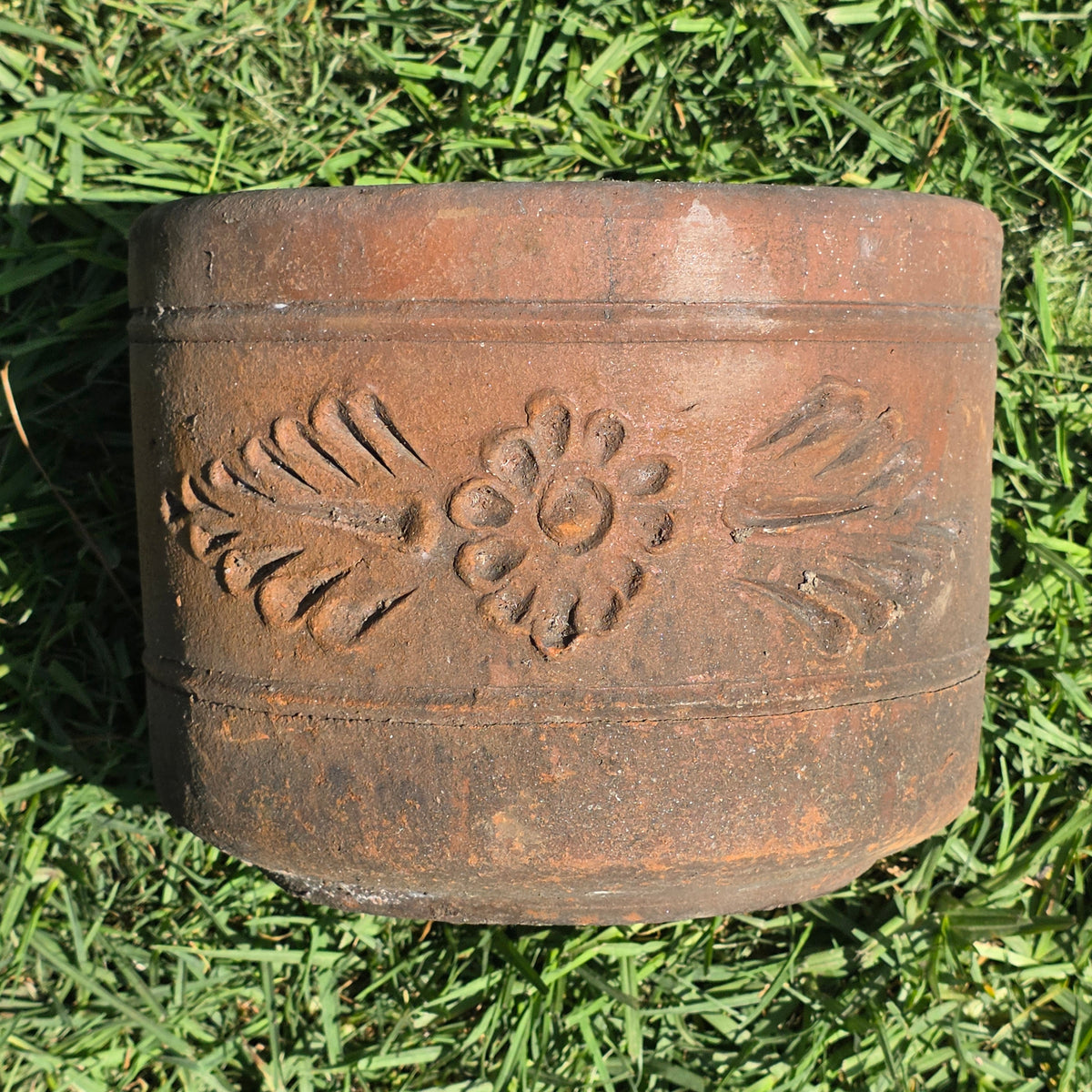 Vintage Terracotta Planter 10" Floral Relief Aged Clay Flower Pot Heavy Duty