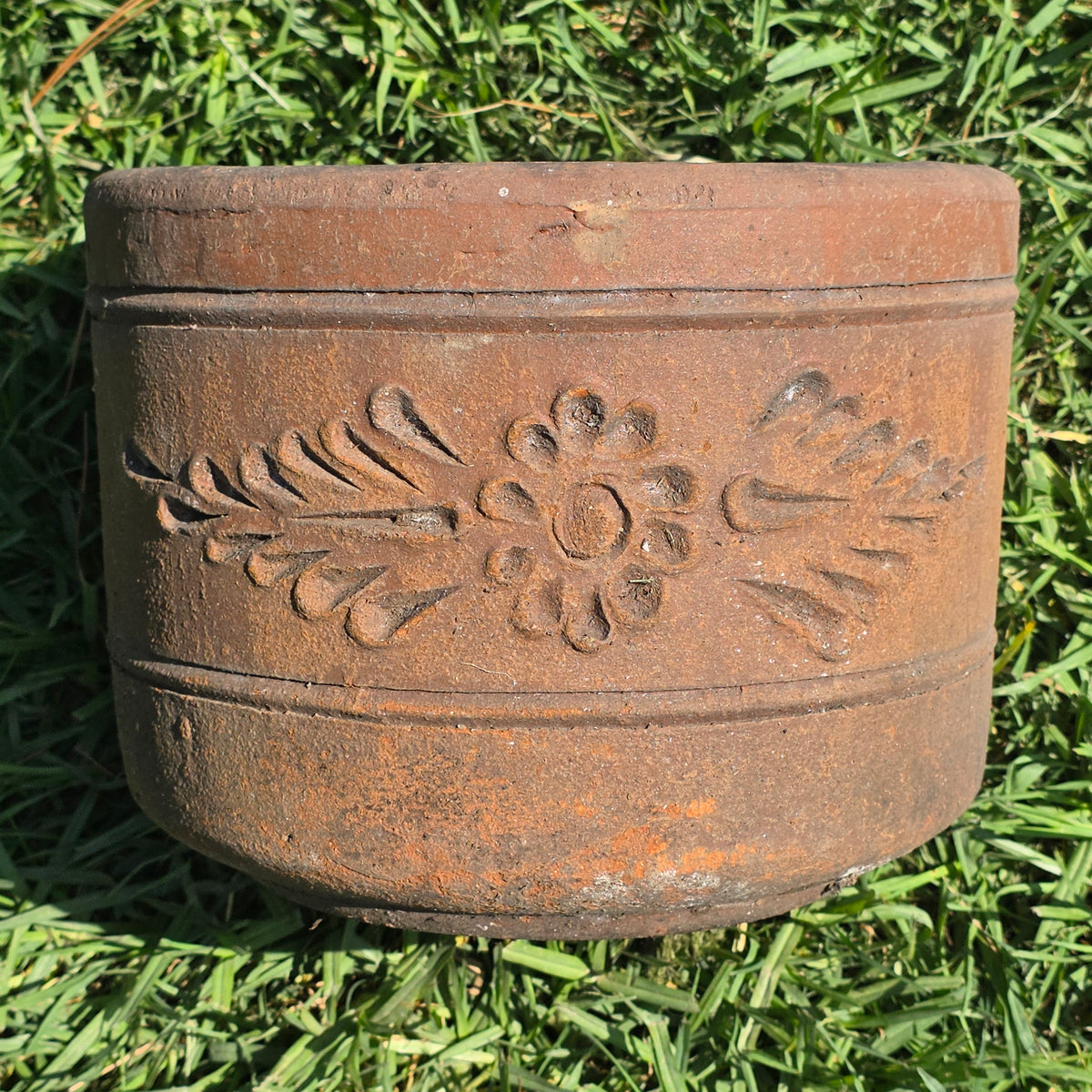 Vintage Terracotta Planter 10" Floral Relief Aged Clay Flower Pot Heavy Duty