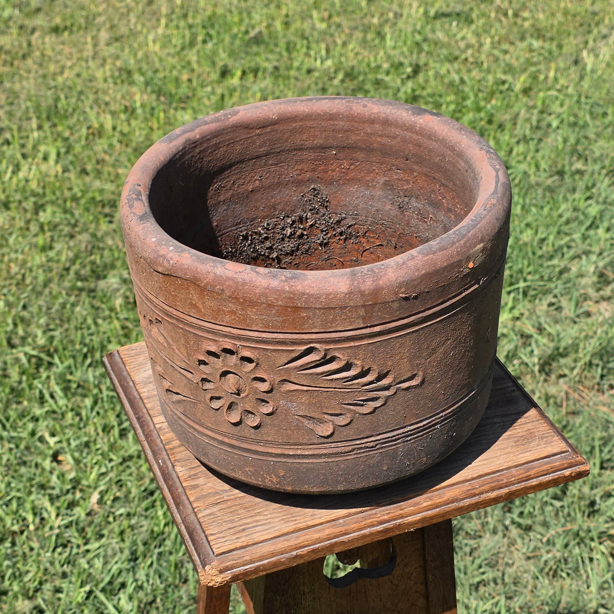 Vintage Terracotta Planter 10" Floral Relief Aged Clay Flower Pot Heavy Duty