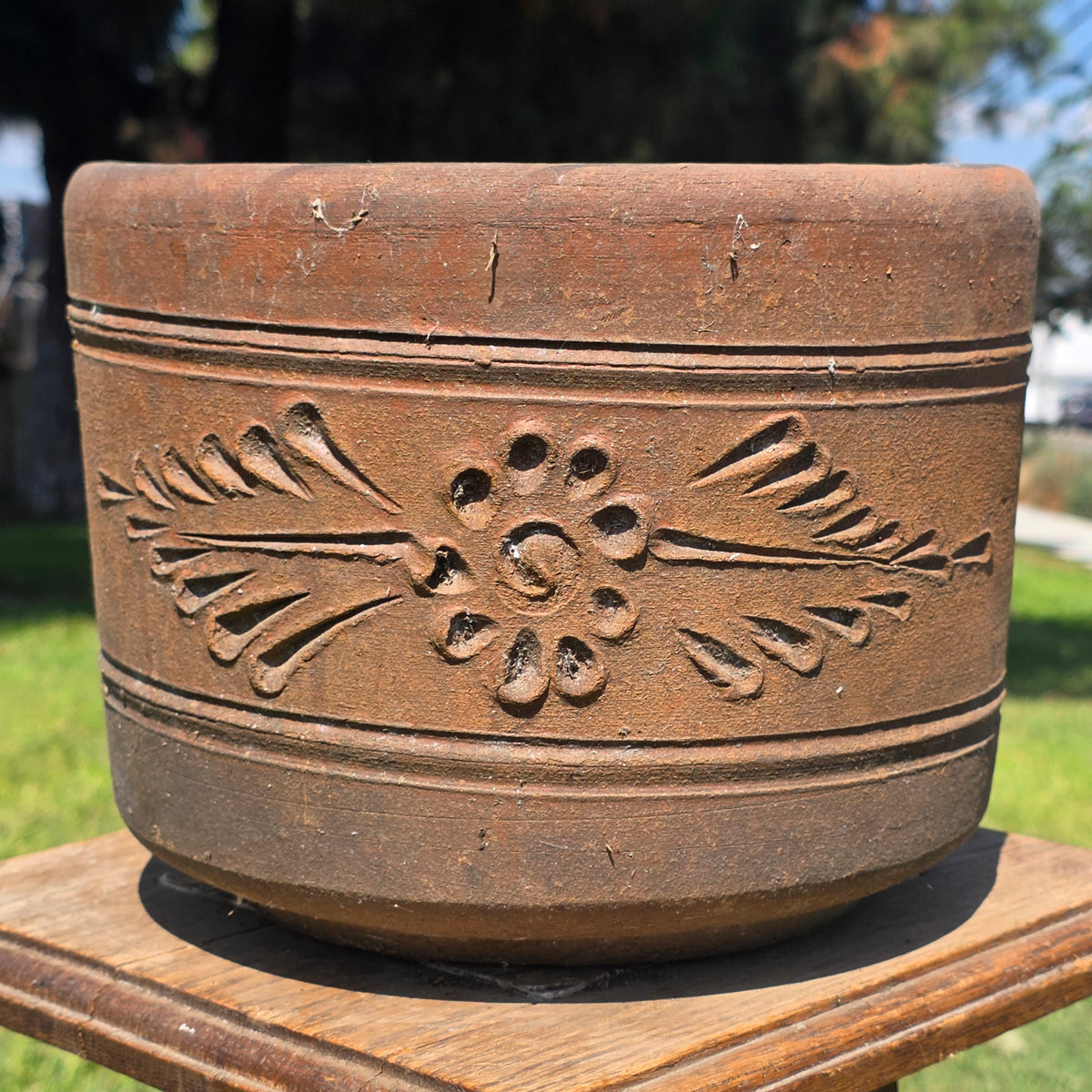 Vintage Terracotta Planter 10" Floral Relief Aged Clay Flower Pot Heavy Duty