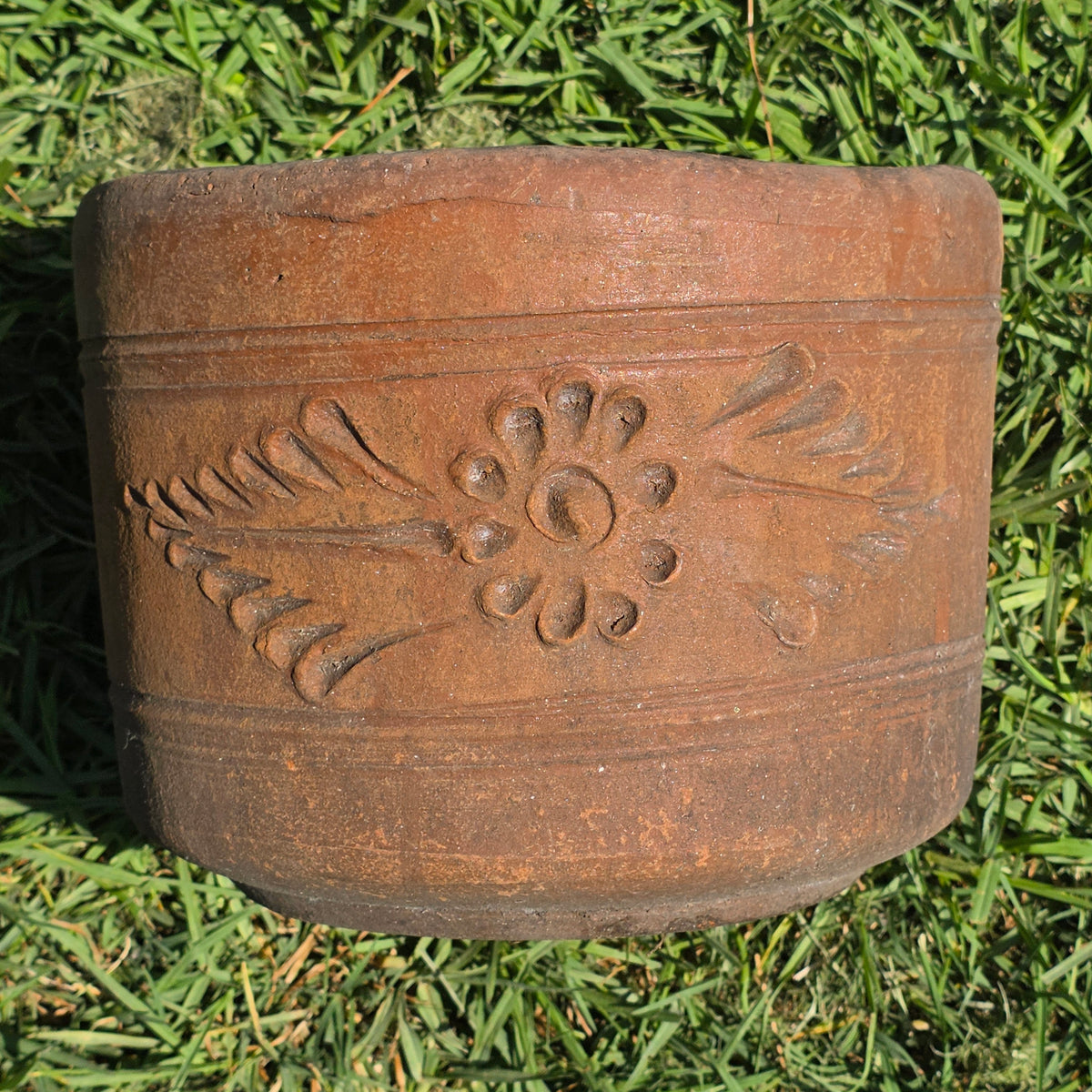 Vintage Terracotta Planter 10" Floral Relief Aged Clay Flower Pot Heavy Duty