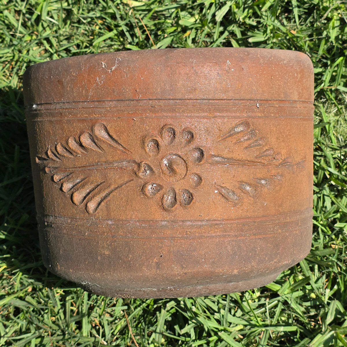 Vintage Terracotta Planter 10" Floral Relief Aged Clay Flower Pot Heavy Duty