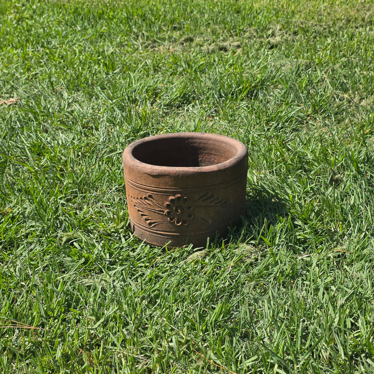 Vintage Terracotta Planter 10" Floral Relief Aged Clay Flower Pot Heavy Duty