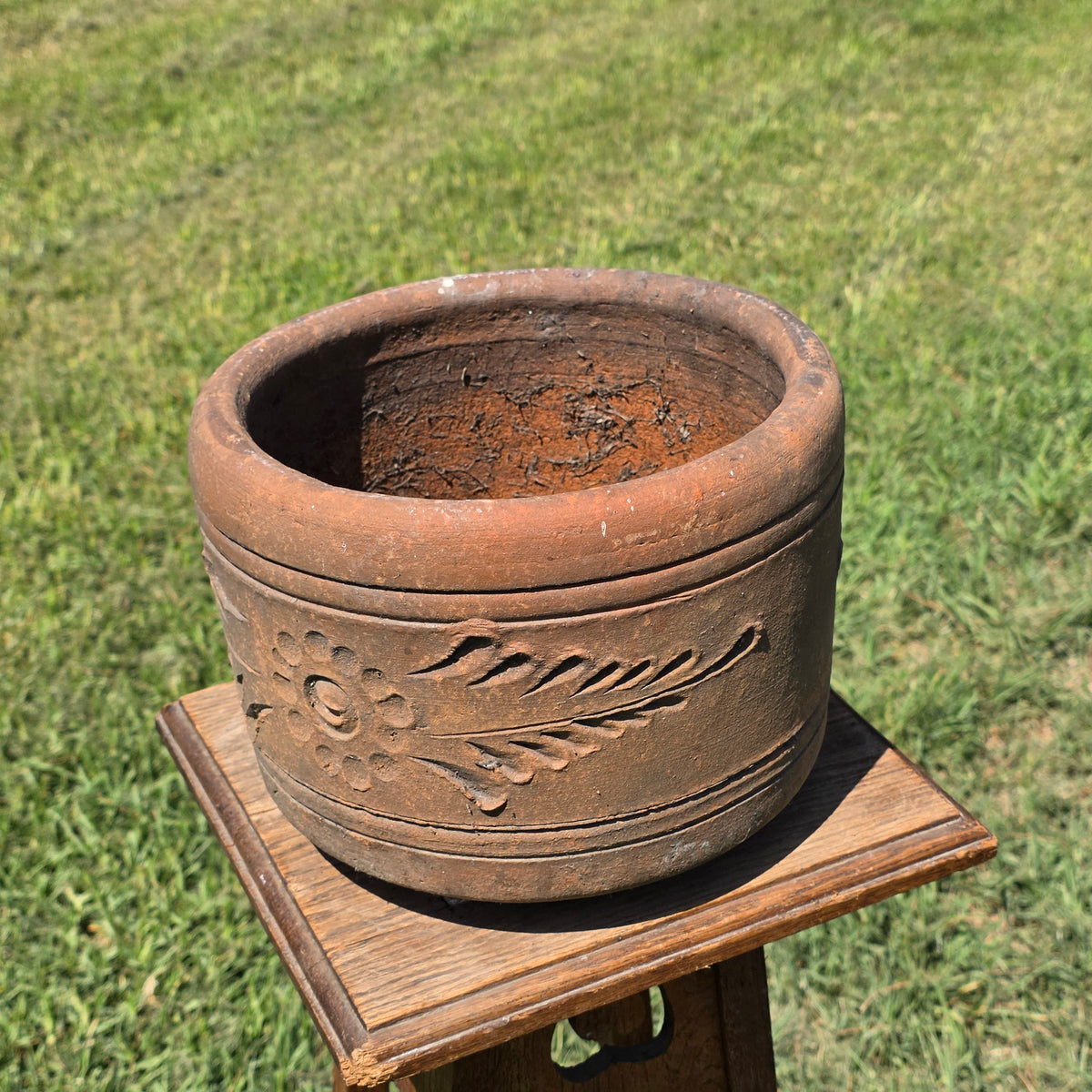 Vintage Terracotta Planter 10" Floral Relief Aged Clay Flower Pot Heavy Duty