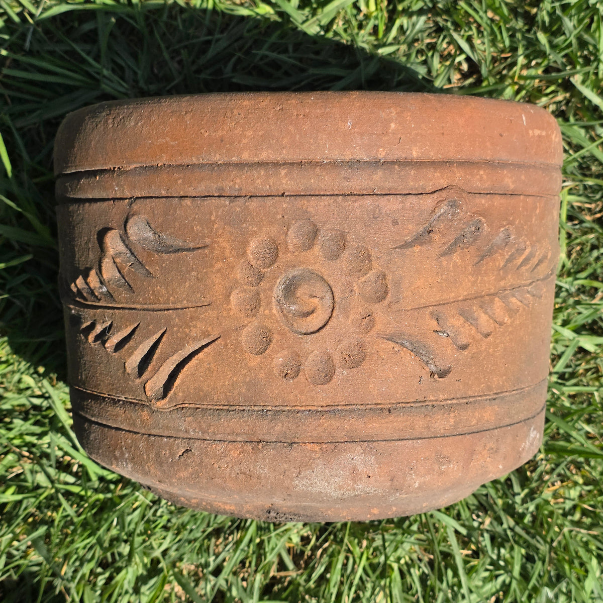 Vintage Terracotta Planter 10" Floral Relief Aged Clay Flower Pot Heavy Duty