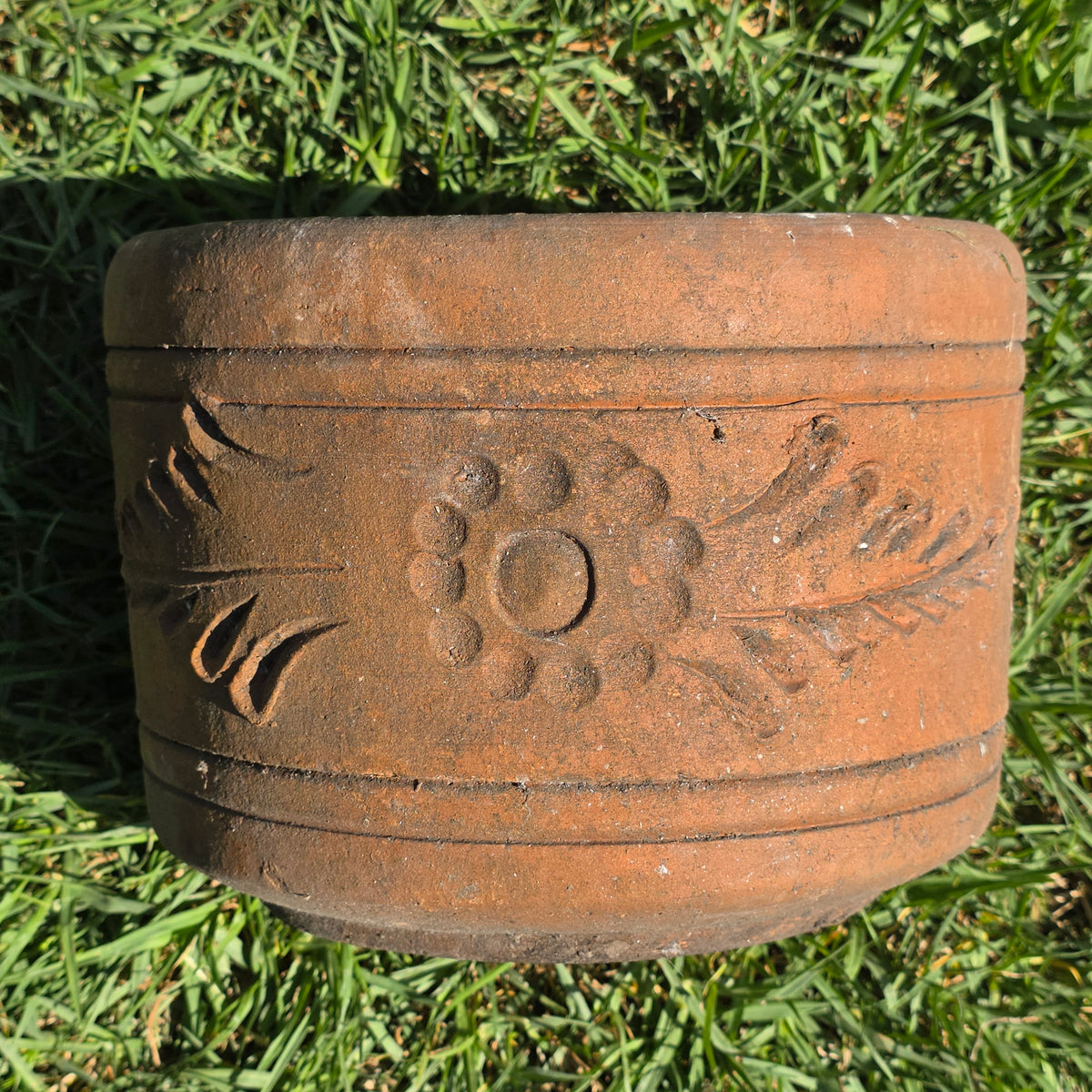 Vintage Terracotta Planter 10" Floral Relief Aged Clay Flower Pot Heavy Duty