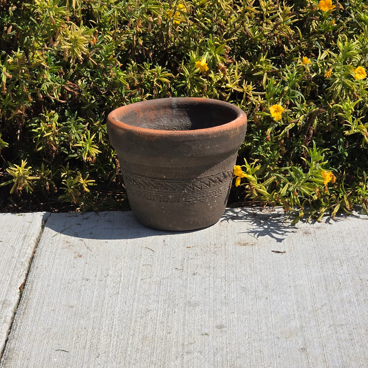 Vtg Mexico Terracotta Planter Aztec Geometric Carved Clay Pot Southwestern 6"