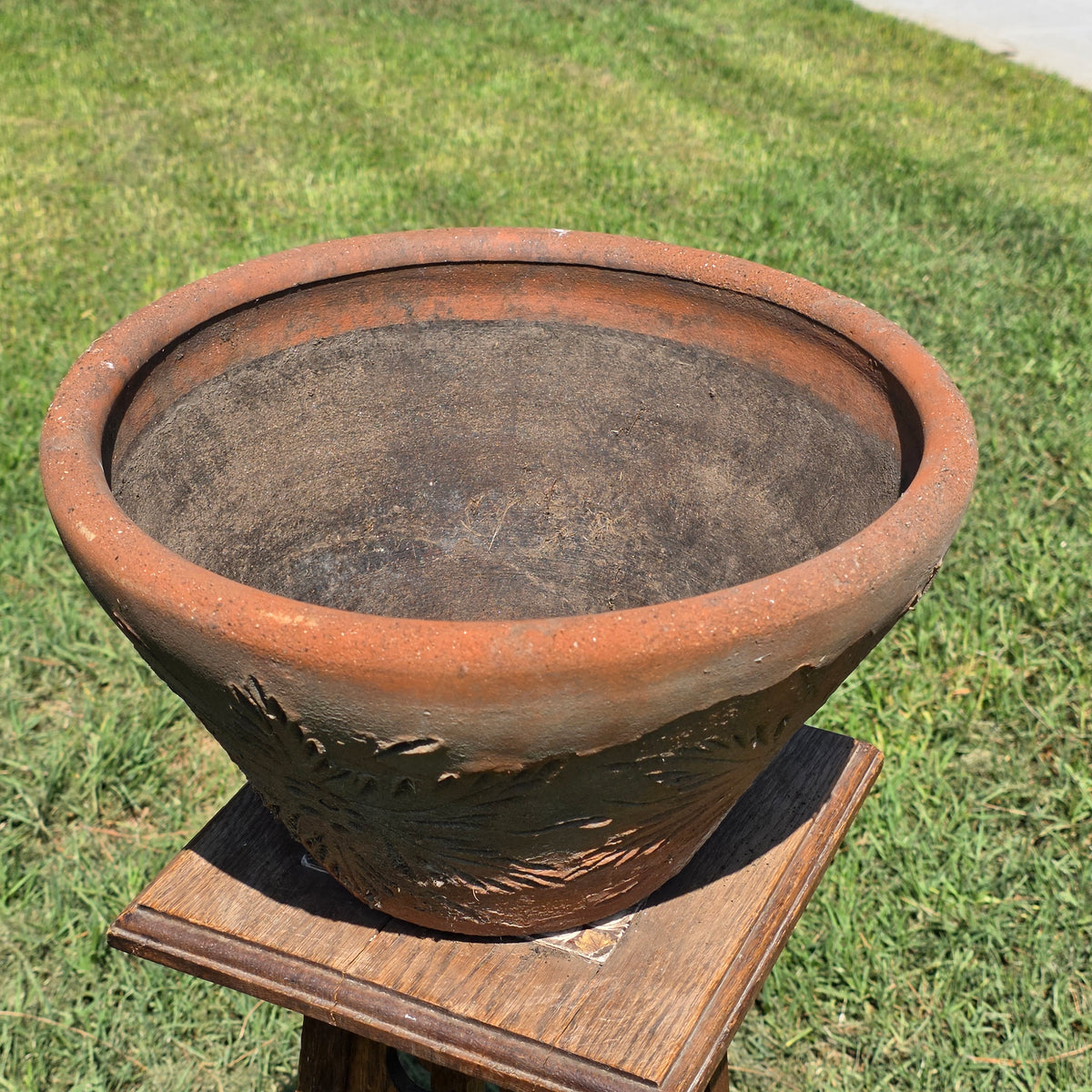 Vtg Mexican Terracotta Planter Sunburst Flower Clay Pot 15" Rustic Garden MCM