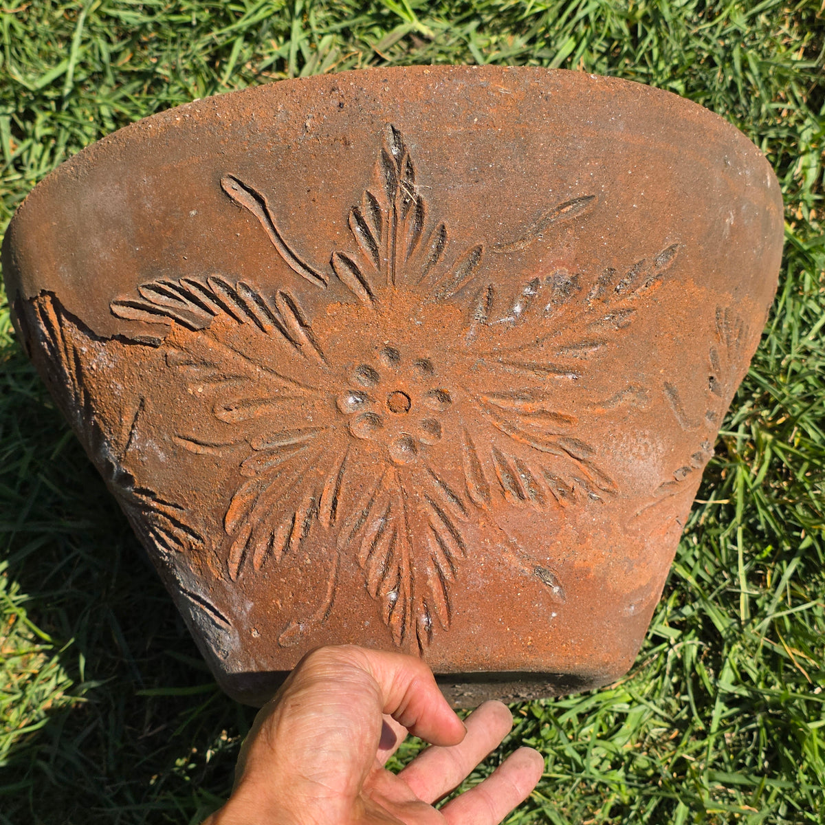 Vtg Mexican Terracotta Planter Sunburst Flower Clay Pot 15" Rustic Garden MCM