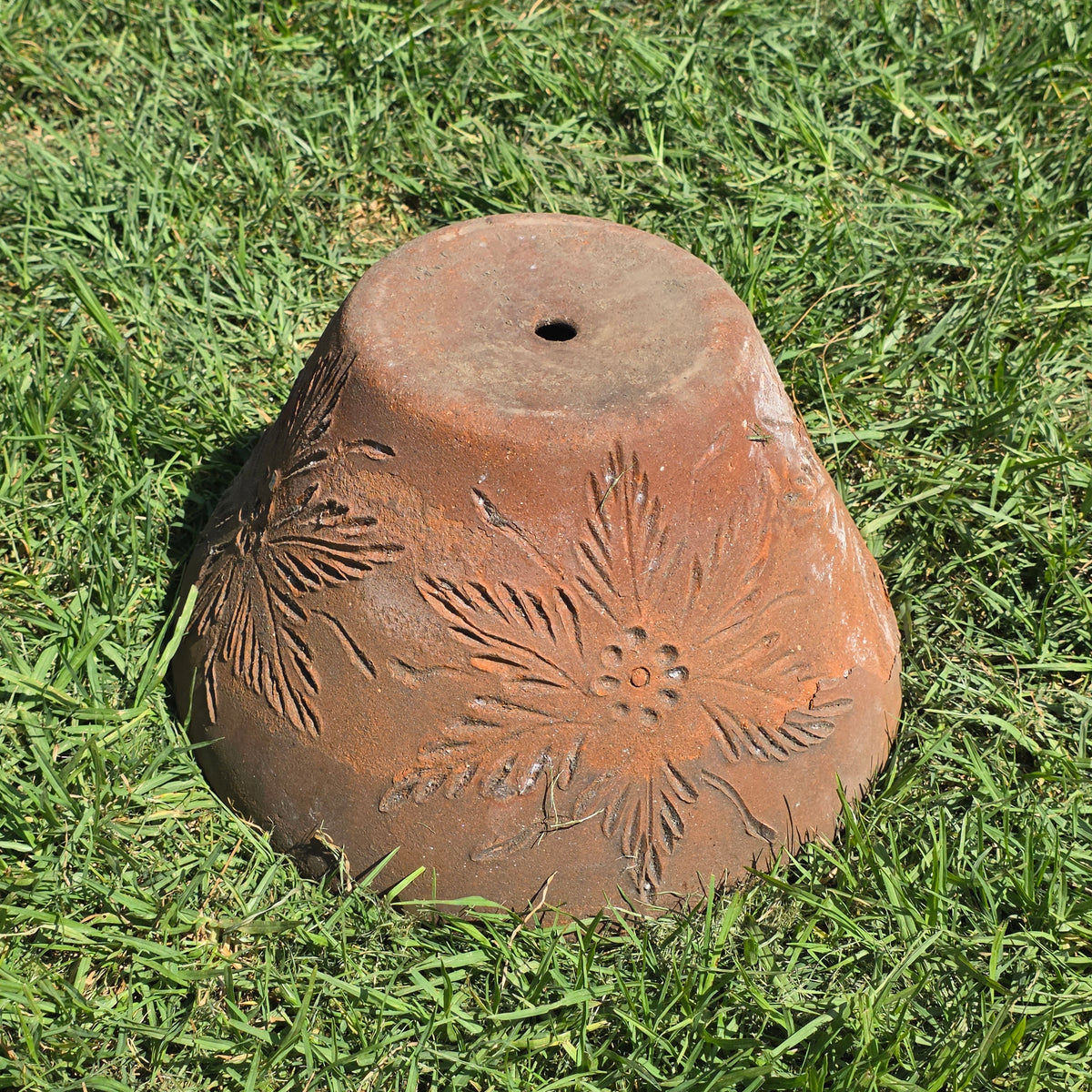 Vtg Mexican Terracotta Planter Sunburst Flower Clay Pot 15" Rustic Garden MCM