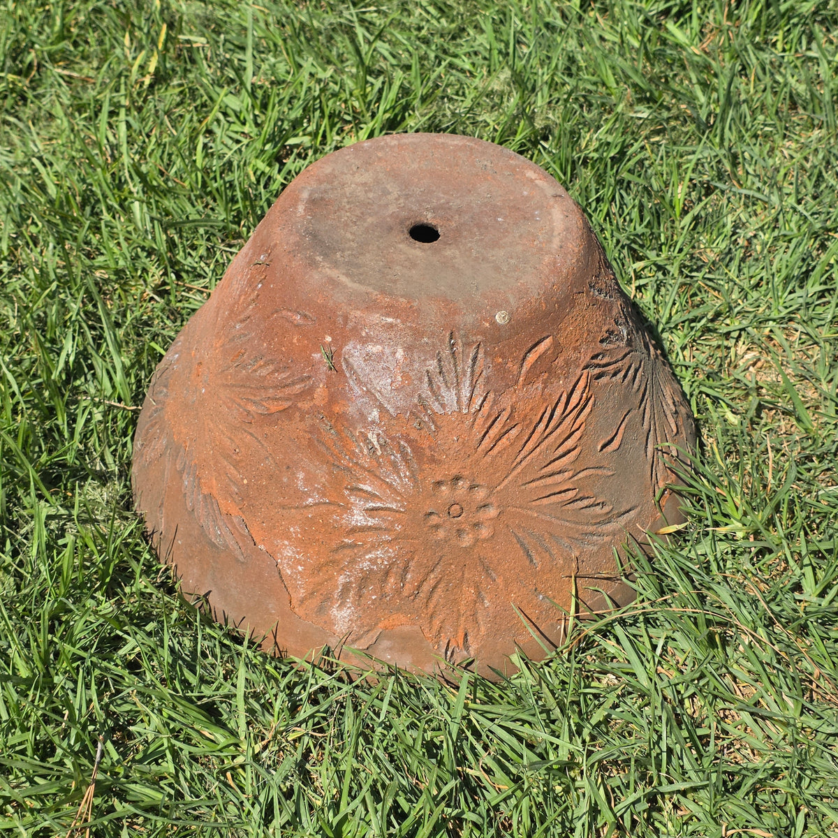 Vtg Mexican Terracotta Planter Sunburst Flower Clay Pot 15" Rustic Garden MCM