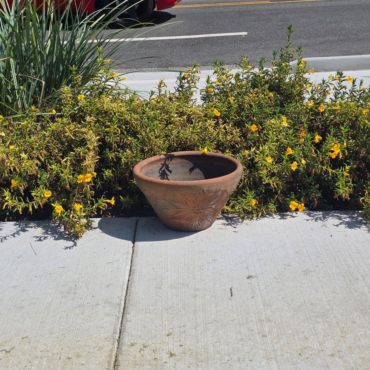 Vtg Mexican Terracotta Planter Sunburst Flower Clay Pot 15" Rustic Garden MCM