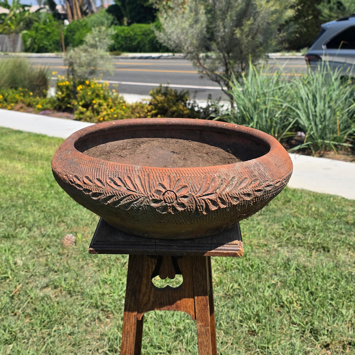 Vintage Mexican Terracotta Planter Daisy Flower Low Bowl 17" Rustic Garden MCM