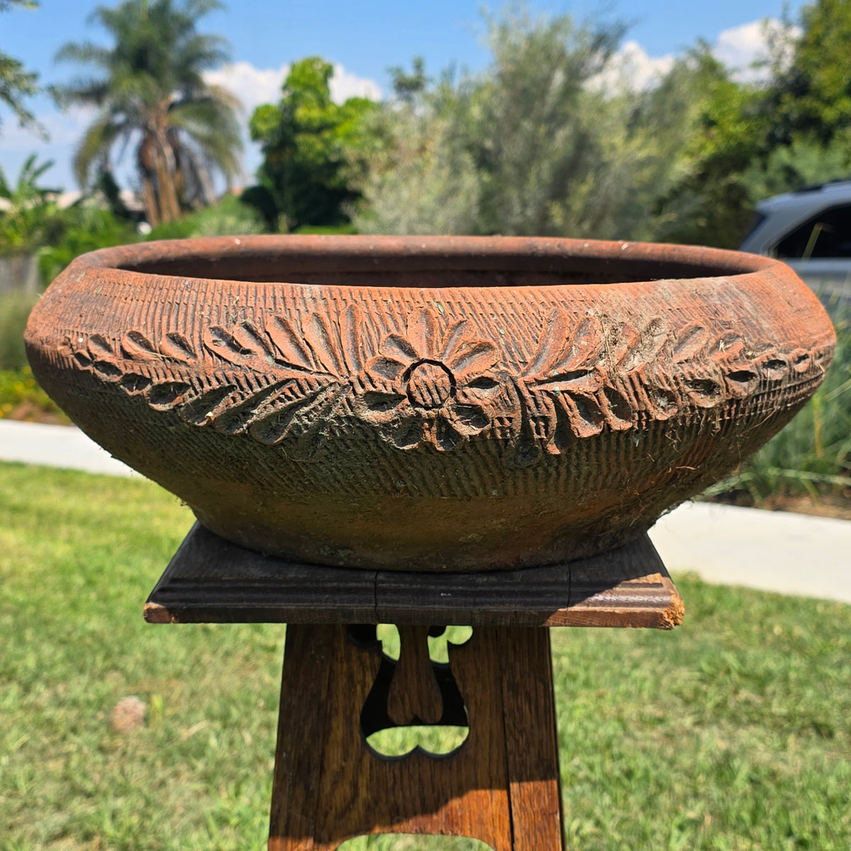 Vintage Mexican Terracotta Planter Daisy Flower Low Bowl 17" Rustic Garden MCM