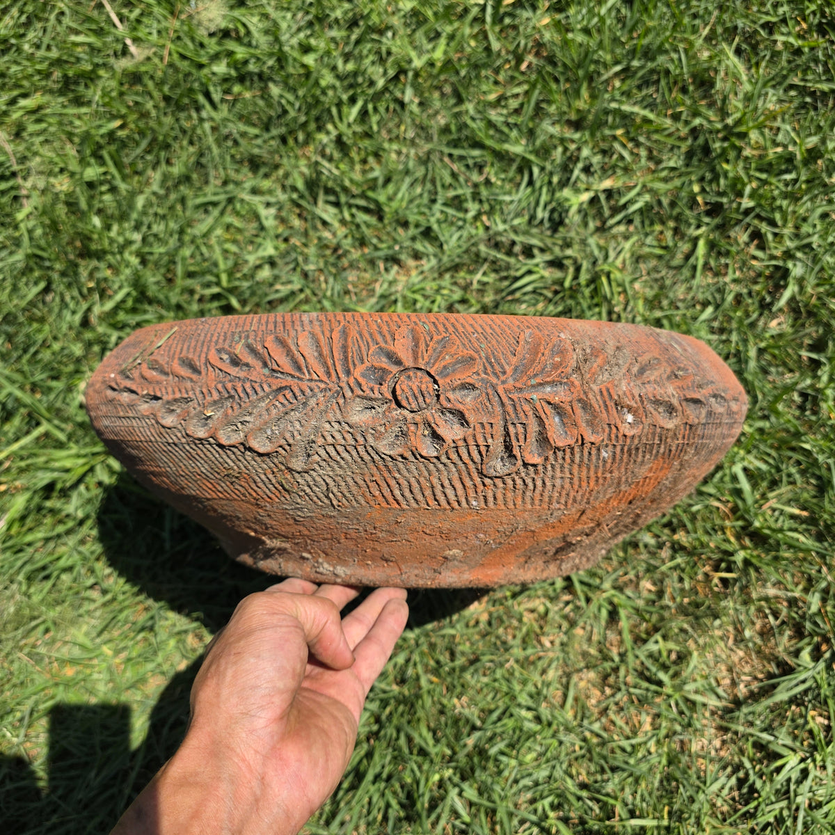 Vintage Mexican Terracotta Planter Daisy Flower Low Bowl 17" Rustic Garden MCM
