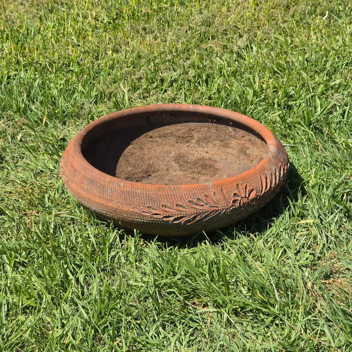 Vintage Mexican Terracotta Planter Daisy Flower Low Bowl 17" Rustic Garden MCM