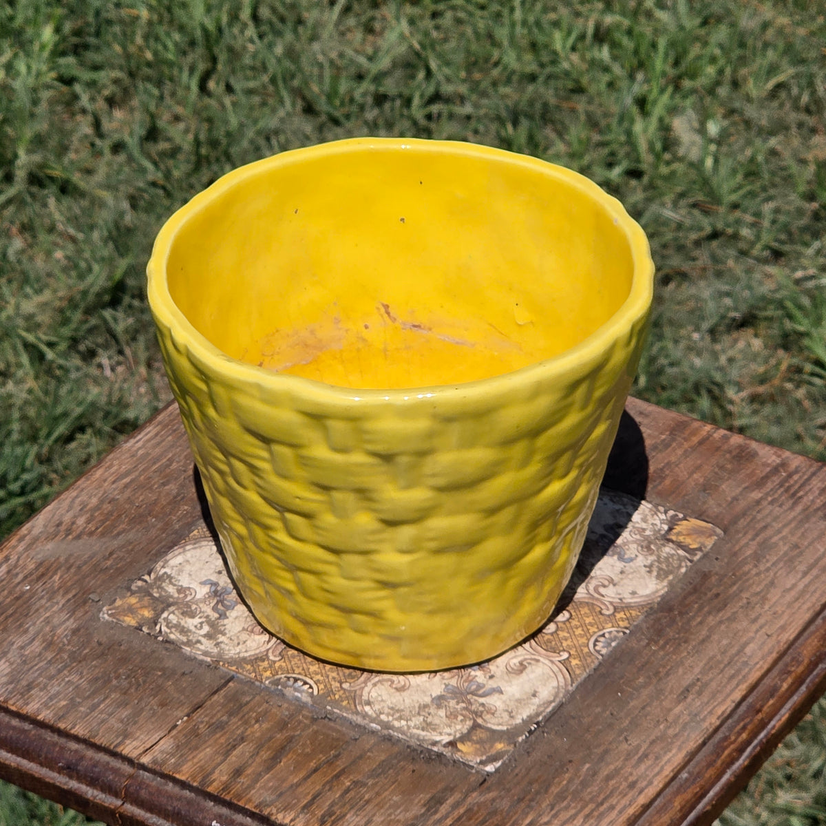 Vintage Yellow Ceramic Basketweave Planter Mid Century MCM Pottery Flower Pot 5"