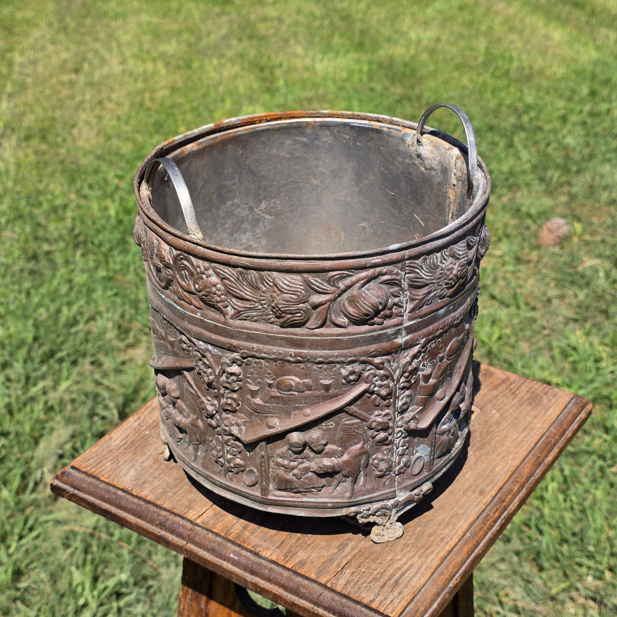 Antique Dutch Copper Repousse Planter Pot Embossed Children Dog Cat Cachepot