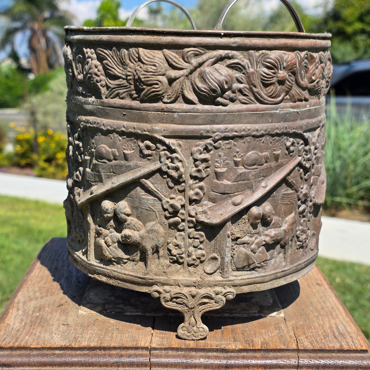 Antique Dutch Copper Repousse Planter Pot Embossed Children Dog Cat Cachepot